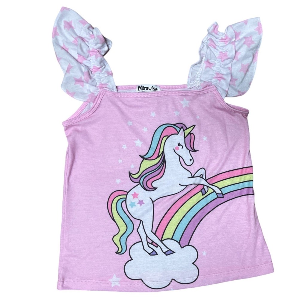 Mirawise Girls Unicorn Shirt Size 4-5Y (120) Pink Star Sleeves Pink Rainbow Top